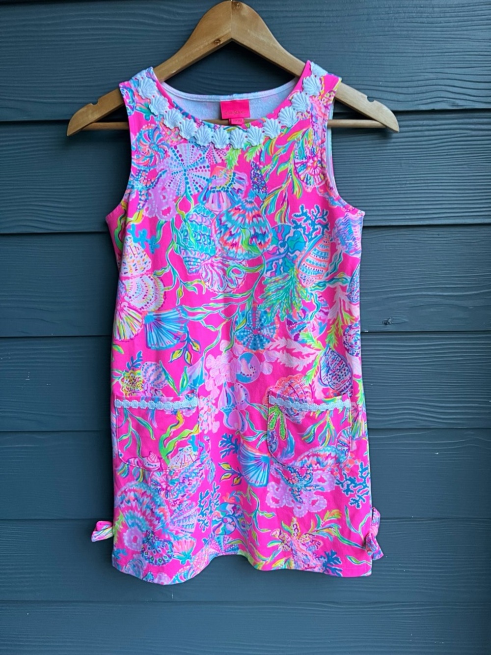 Lilly Pulitzer Girls' Pink Shell Sea-Print Sleeveless Shift Cotton Blend Dress L